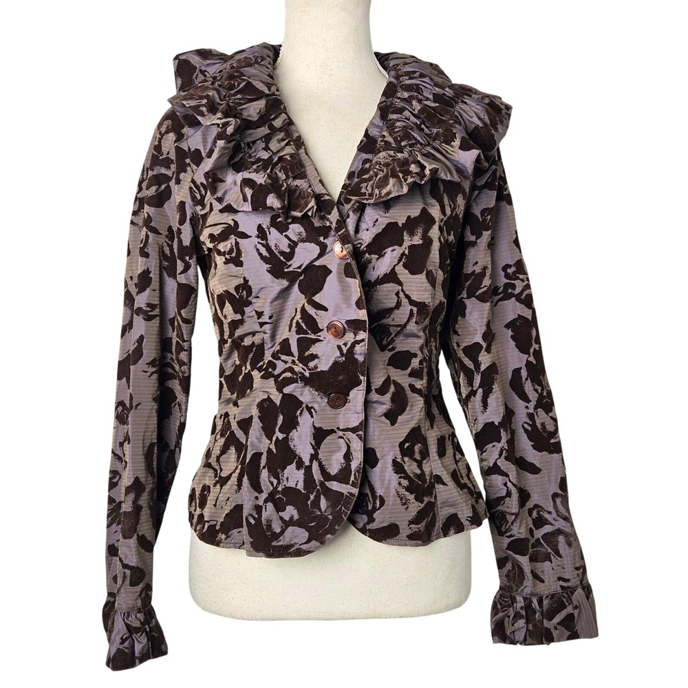 Anne Fontaine Ruffled Floral Print Blazer Jacket Womens Size 1 Medium Whimsigoth